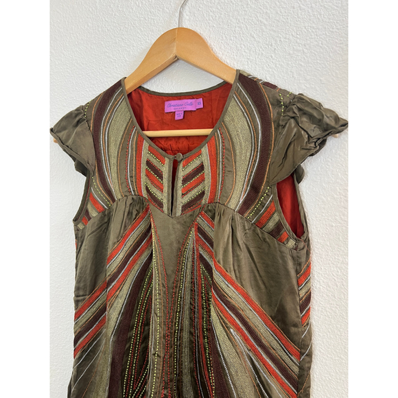 Calypso Womens XS Silk Beaded Cap Sleeve Boho Earthy Green Orange Shift Dress - Picture 2 of 12